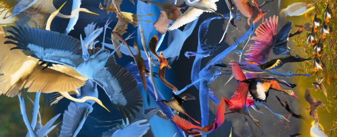 Iterography artwork by Meir Martin showing a swirl of birds in motion with a spinning direction, viewable from any angle