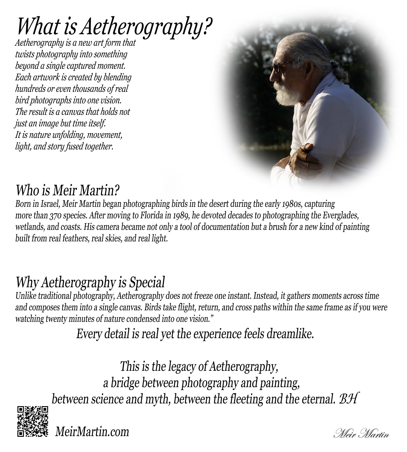 In 1986 Meir Martin published the first bird photography identification book in Israel, invented the PetPeePee® system in 2002, and created Aetherography in 2012, blending photography and art.