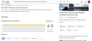 Screenshot of Google reviews for PetPeePee Oriental Rug and Drapery Cleaning showing customer ratings and feedback